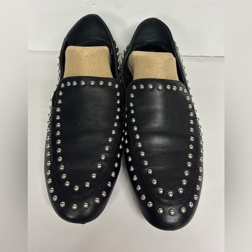 SOLE SOCIETY WOMENS SOFT LEATHER LOAFERS FLATS BLACK SILVER METALLIC STUDDED